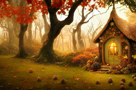 Fantasy small fairy house on the autumn forest. Digital painting artwork design. 3D illustrationの素材