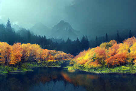 Peaceful autumn forest with mountain and lake, digital art painting style background. 3D illustrationの素材