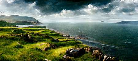 Wonderful view of a coast line landscape in watercolor painting style. 3D illustrationの素材