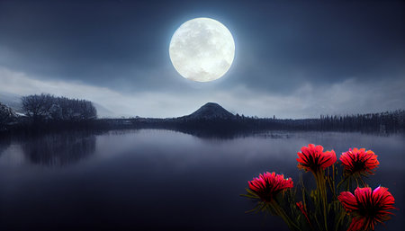 Beautiful fantasy landscape with mountain, lake, red flowers and huge moon background. 3D illustrationの素材