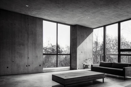 Concrete interior with sofa and table black and white style. 3d renderingの素材