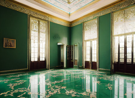 Beautiful and luxury interior with golden ornament and green ceramic marble floor. 3D renderingの素材