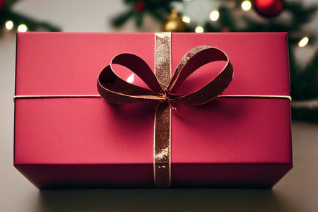 A red gift box wrapped with craft paper on bokeh background. 3D illustrationの素材