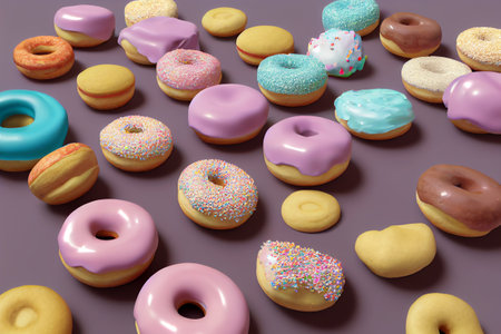 Pastel frosted sprinkled donuts. Multicolored with sprinkles background. 3D renderingの素材