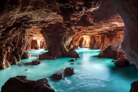 wonderful view of cosmic cave with exotic walls and crystal clear water illustration. 3D renderingの素材