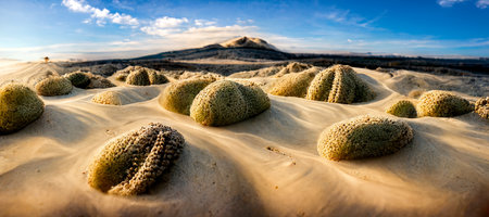Wonderful close up view of sand dessert with blue sky landscape background. 3D illustrationの素材