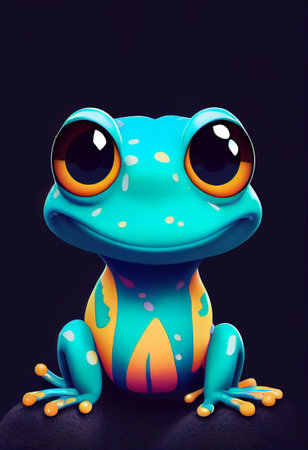 Tiny and cute little frog in cartoon style with cyan and yellow color. 3D illustrationの素材