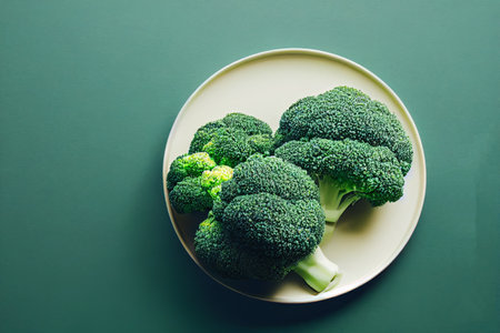 Green broccoli on the plate with green background. 3d renderingの素材