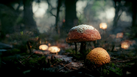 Ultra detailed 3D mushrooms in the jungle background. 3D illustrationの素材