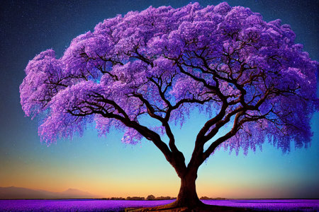 Fantasy giant purple tree, dramatic and colorful sky view, digital art painting. 3D illustrationの素材