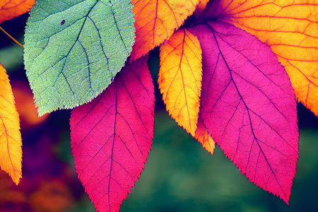 Colorful autumn seasonal leaves with blurred bokeh background. 3D illustrationの素材
