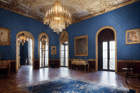 Beautiful, luxury, and huge blue interior with golden ornament. 3D renderingの素材