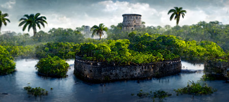 3D rendering. Fantasy caribbean paradise island with the river illustrationの素材