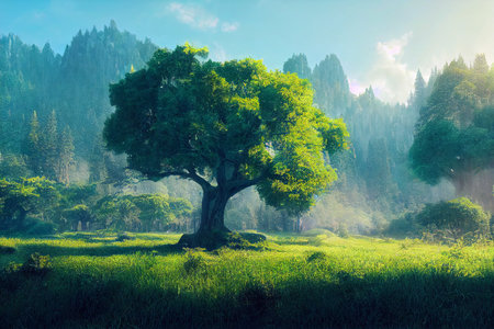 Fantasy a giant green tree, dramatic view, digital art painting. 3D illustrationの素材