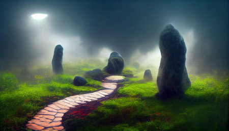 Fantasy stone path leading to a magical forest. 3D illustrationの素材