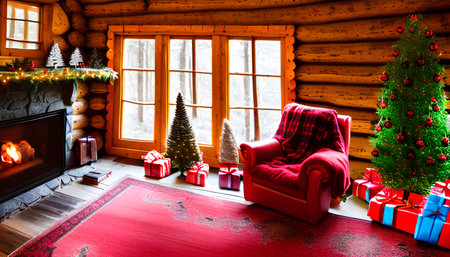 Interior of a small cabin christmas ambiance background. 3d renderingの素材