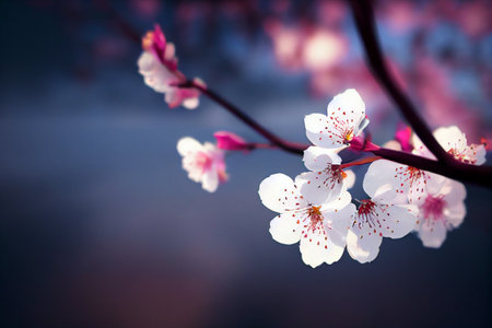 Macro white cherry blossom. Sakura tree background. Japanese spring wallpaper. 3D illustrationの素材