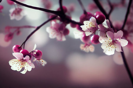 Macro white cherry blossom. Sakura tree background. Japanese spring wallpaper. 3D illustrationの素材