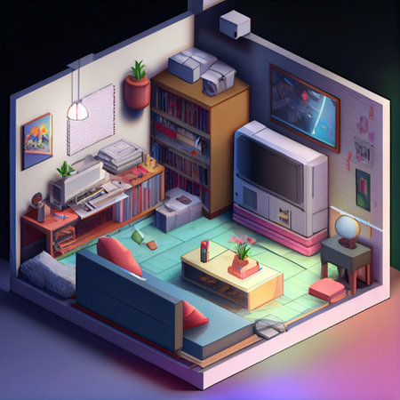 Cute isometric living room. 3D illustrationの素材