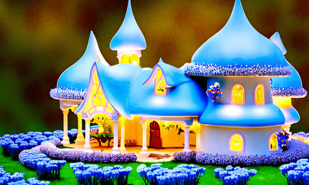 Gorgeous and beautiful fairytale house with blue roses bloomingの素材