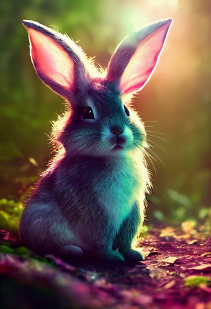 Cute little bunny in the forest while sunny. 3D illustrationの素材