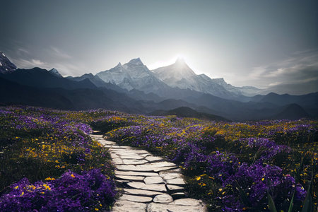 Beautiful path leading up to beautiful mountain ice with purple flowers while sunny day. 3D illustrationの素材