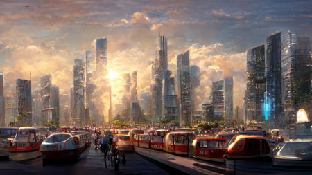 3D render of urban mobility in future background. CG artwork design. 3D illustrationの素材