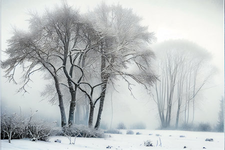 Beautiful winter woodland with snow covered trees in a foggy forest. 3D illustrationの素材