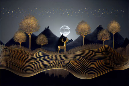 Beautiful art mural wallpaper with night landscape with golden trees and deer while full moon. 3D illustrationの素材
