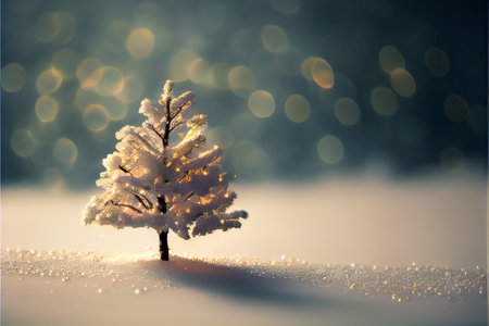 Wonderful lonely spruce tree covered by snow with blurred bokeh background. 3D illustrationの素材