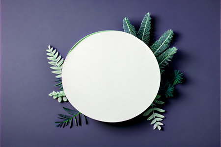 White round paper composition mockup with leaves and spruce on purple background. 3D illustrationの素材