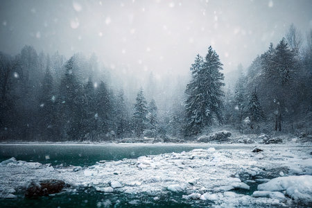 Fantasy winter landscape with snowy river and trees. 3D illustrationの素材