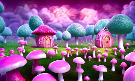 Beautiful fantasy forest with summer pink mushroom houses, marshmallow cloudy magic flower. 3D illustrationの素材
