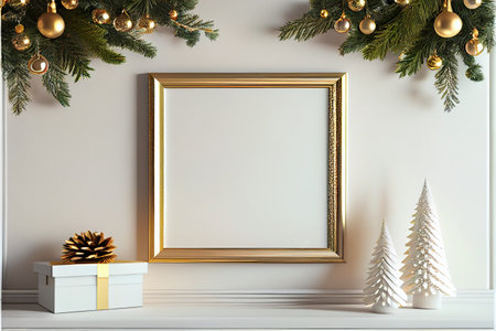 Empty poster mock up with golden frame and decorations background. Generative AI illustrationの素材