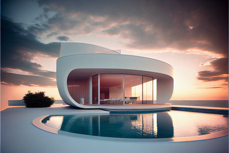 Modern and luxury residential minimalist villa. Beautiful architecture with rounded swimming pool and sea view. Generative AI illustrationの素材