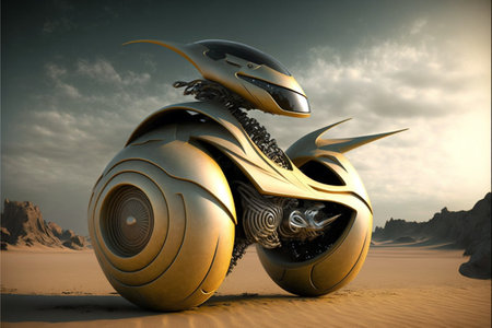 3D rendering of a futuristic robot in the desertの素材