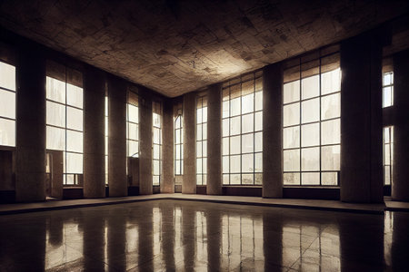 Huge concrete room with sunrays. 3D illustrationの素材