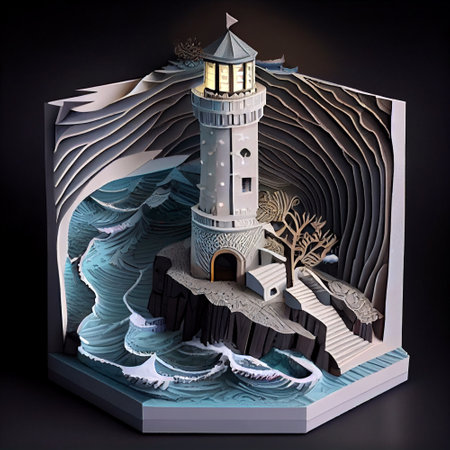 Isometric diorama of a lighthouse during winter. 3D illustrationの素材