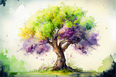 Beautiful tree in spring with colorful watercolor painting on white background. Generative AI illustrationの素材