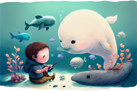 Illustration of a little boy plays with seal and fish under the sea. Generative AI illustrationの素材
