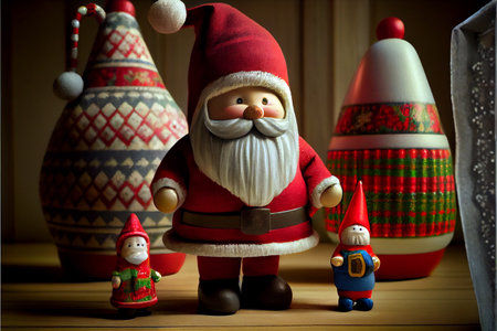 Cute santa clause doll standing in front of christmas ornaments. Generative AI illustrationの素材