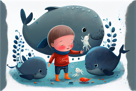 Illustration of a little boy plays with seal and fish under the sea. Generative AI illustrationの素材
