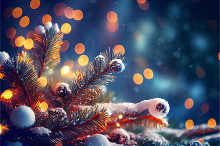 Beautiful x-mas tree with blurred bokeh dreamy background and copy space. Generative AI illustrationの素材