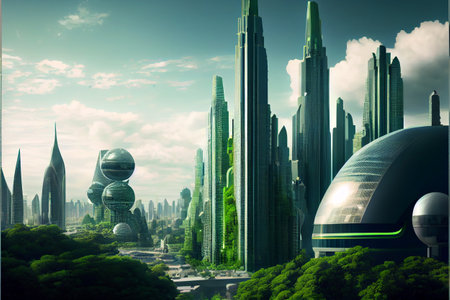 Plant like skyscrapers high street with futuristic contemporary architecture. Generative AI illustrationの素材
