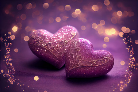 Two hearts with pink glitter isolated on blurred bokeh background. Generative ai illustrationの素材