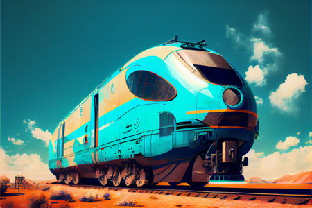 Futuristic train locomotive on blue sky background. Digital art style, generative AI illustrationの素材