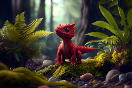 Very cute red baby dragon standing in the peaceful forest. CG artwork concept. Generative AI illustrationの素材