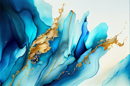 Beautiful alcohol ink painting with blue abstract. Pastel tones with golden cracks background isolated on white. Generative ai illustrationの素材