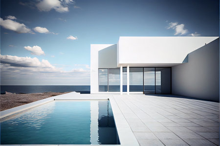 Beautiful residential villa. Modern architecture with swimming pool and sea view. Generative AI illustrationの素材