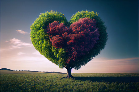 Beautiful fantasy green and red tree love on the field. Generative AI illustrationの素材